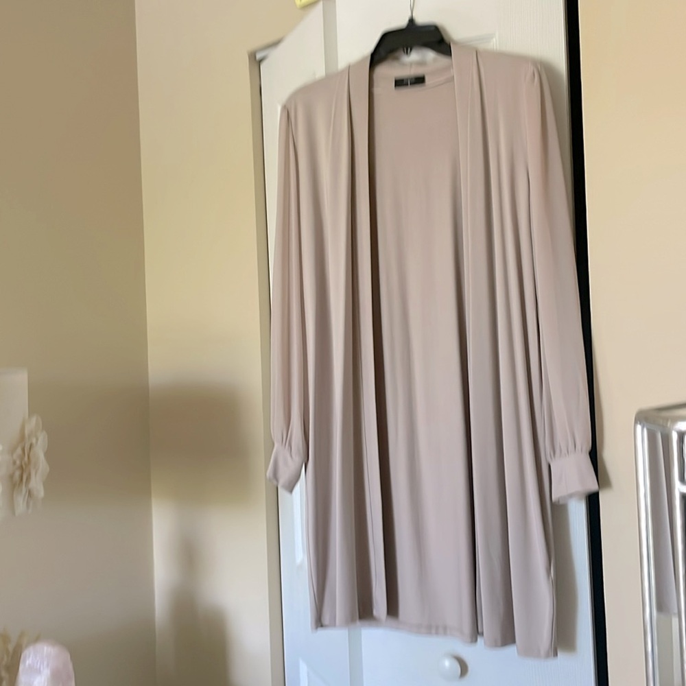 T Tahari knee length beige lightweight coverup. Sheer sleeves. Size M.
